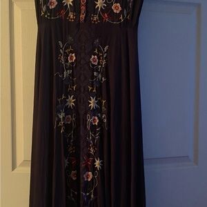 Johnny Was Mariposa navy embroidered floral stretch challis midi dress